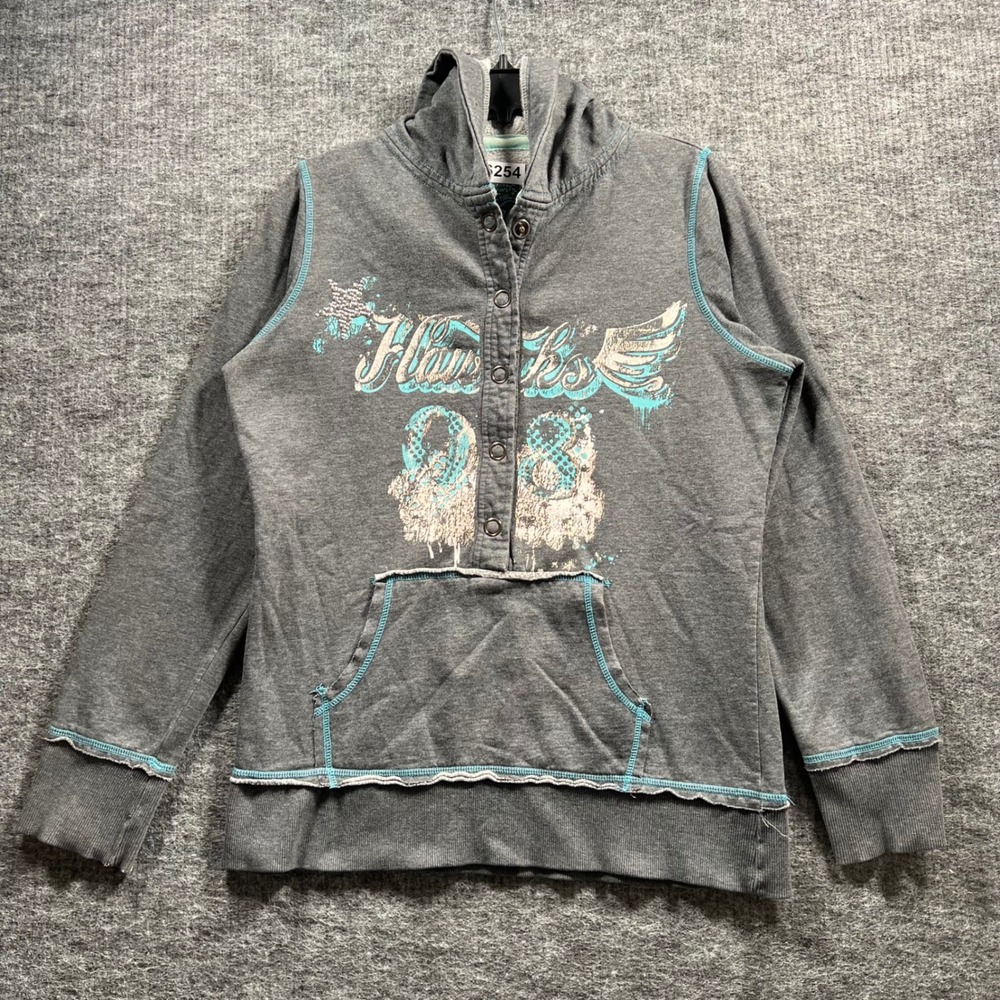 Vanity Womens Gray Y2K Graphic Hoodie Wings 98 Contrast Stitch Size L